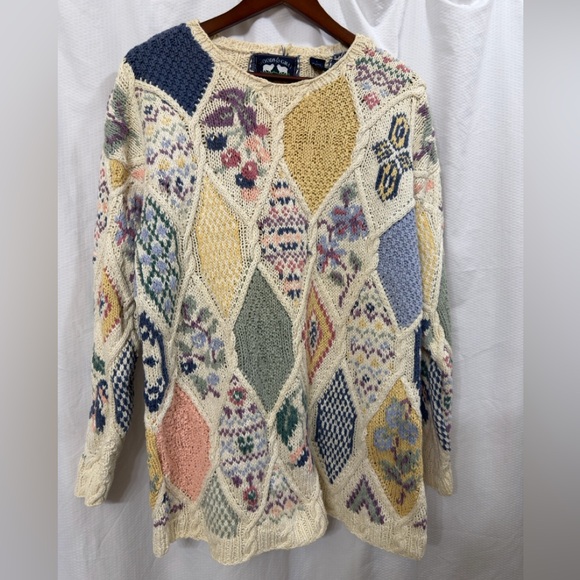 Woods & Gray Sweaters - Vintage 90s Women's Multicolor Patchwork  Knit Ramie Cotton Sweater Sz L EUC